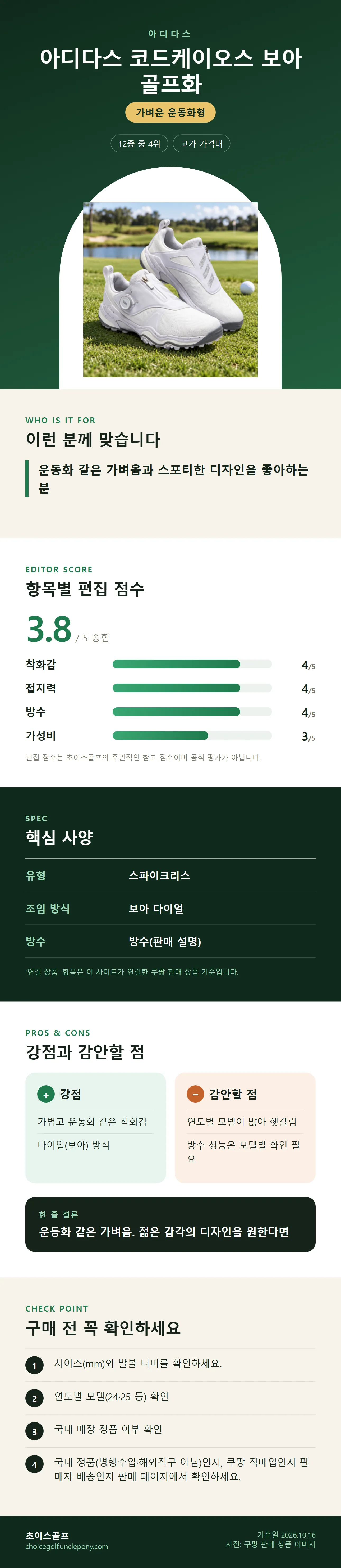 아디다스 코드케이오스 보아 골프화 상세 정보: 추천 대상, 항목별 편집 점수, 핵심 사양, 강점과 감안할 점, 구매 전 확인