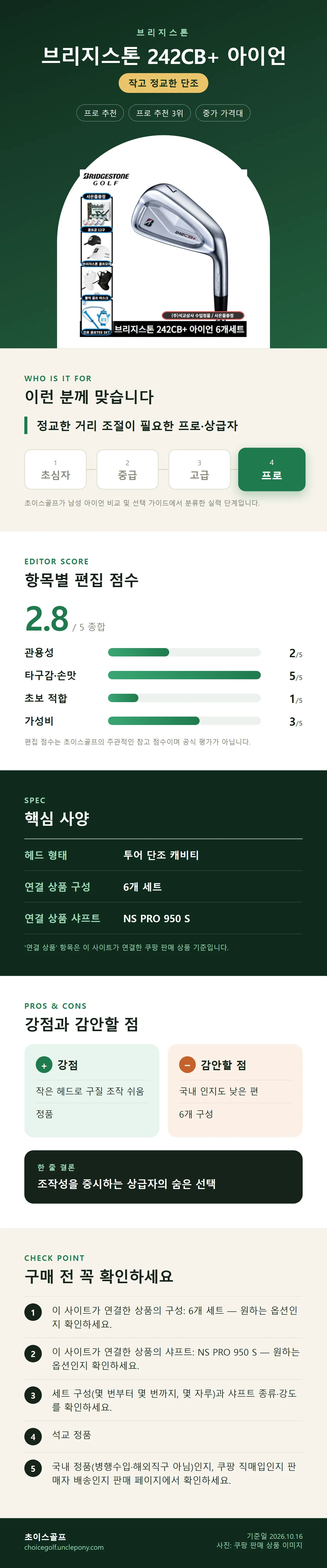 브리지스톤 242CB+ 아이언 상세 정보: 추천 대상, 항목별 편집 점수, 핵심 사양, 강점과 감안할 점, 구매 전 확인