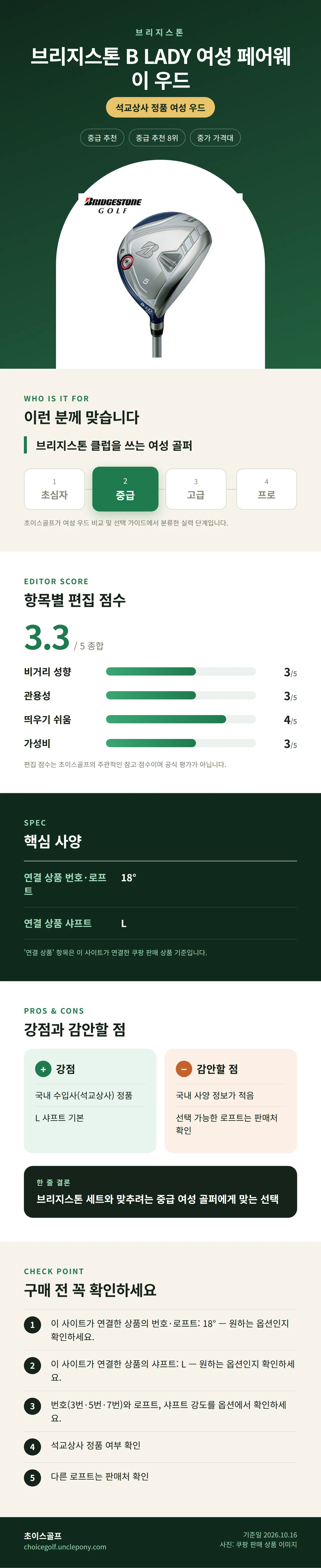 브리지스톤 B LADY 여성 페어웨이 우드 상세 정보: 추천 대상, 항목별 편집 점수, 핵심 사양, 강점과 감안할 점, 구매 전 확인