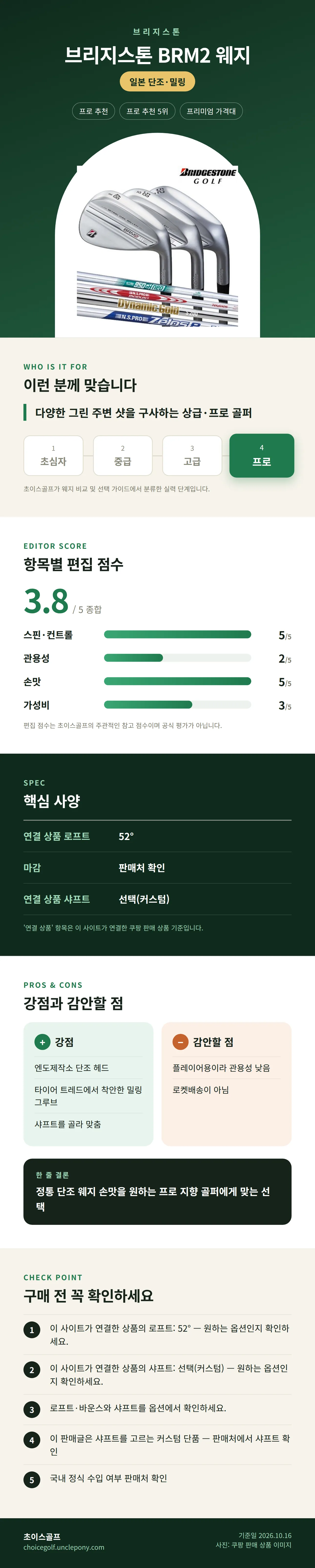 브리지스톤 BRM2 웨지 상세 정보: 추천 대상, 항목별 편집 점수, 핵심 사양, 강점과 감안할 점, 구매 전 확인