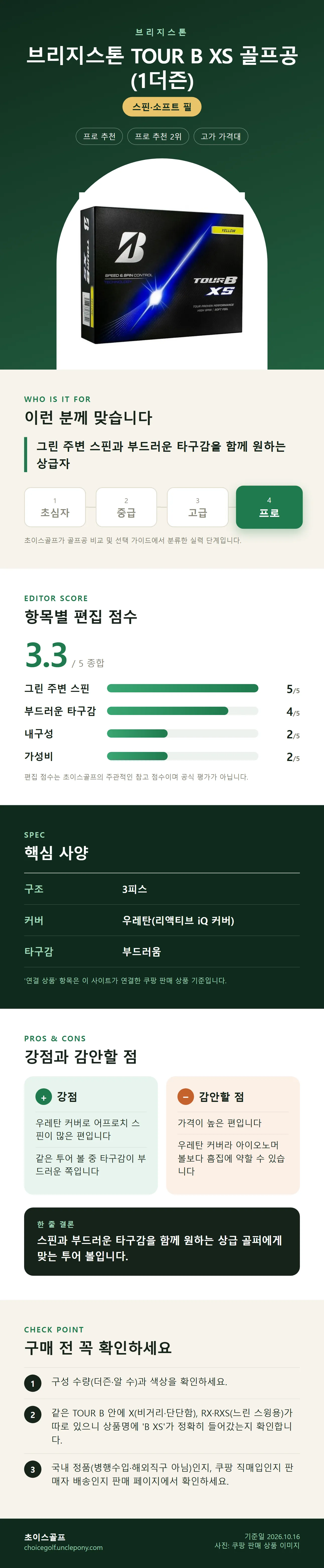 브리지스톤 TOUR B XS 골프공 (1더즌) 상세 정보: 추천 대상, 항목별 편집 점수, 핵심 사양, 강점과 감안할 점, 구매 전 확인