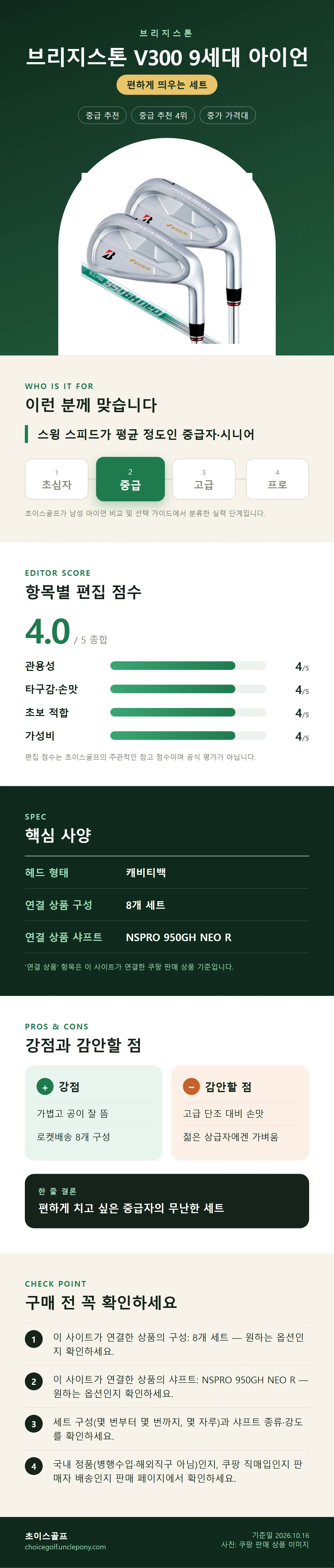 브리지스톤 V300 9세대 아이언 상세 정보: 추천 대상, 항목별 편집 점수, 핵심 사양, 강점과 감안할 점, 구매 전 확인
