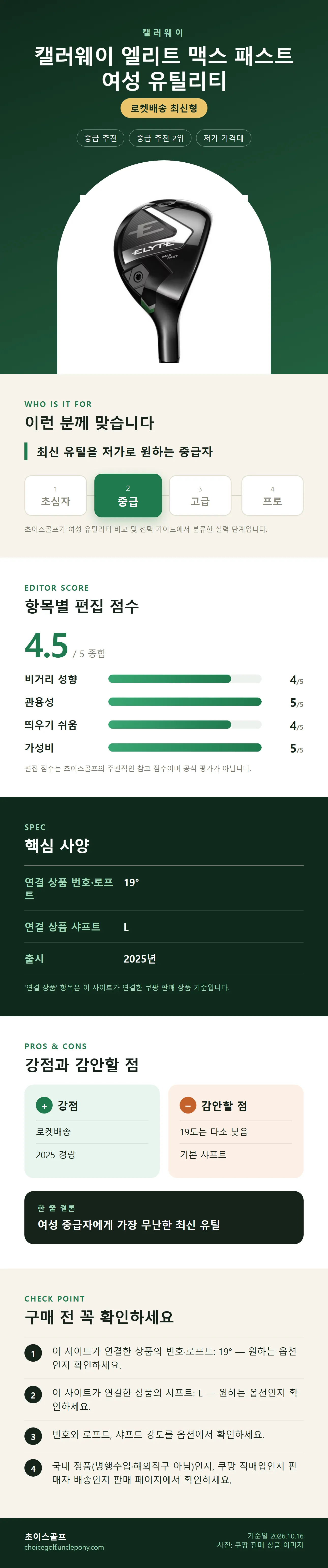 캘러웨이 엘리트 맥스 패스트 여성 유틸리티 상세 정보: 추천 대상, 항목별 편집 점수, 핵심 사양, 강점과 감안할 점, 구매 전 확인
