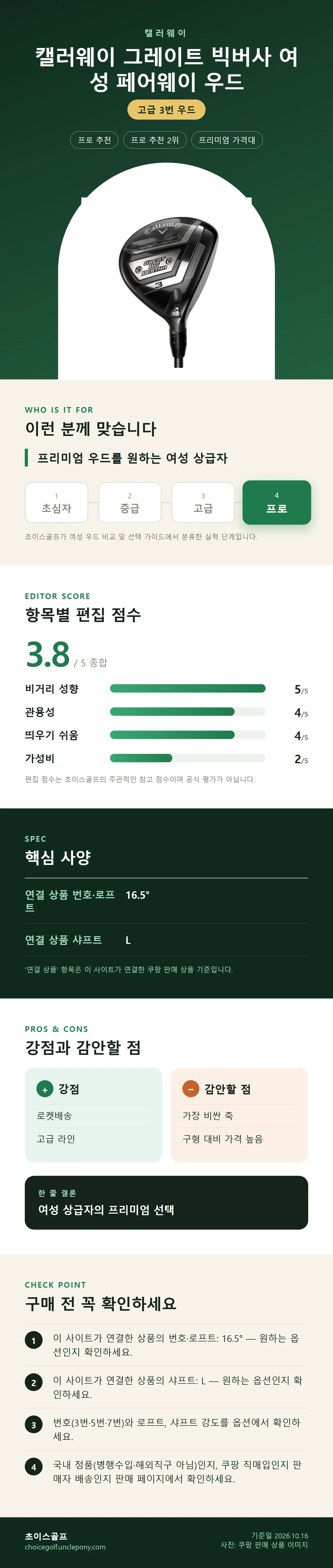 캘러웨이 그레이트 빅버사 여성 페어웨이 우드 상세 정보: 추천 대상, 항목별 편집 점수, 핵심 사양, 강점과 감안할 점, 구매 전 확인