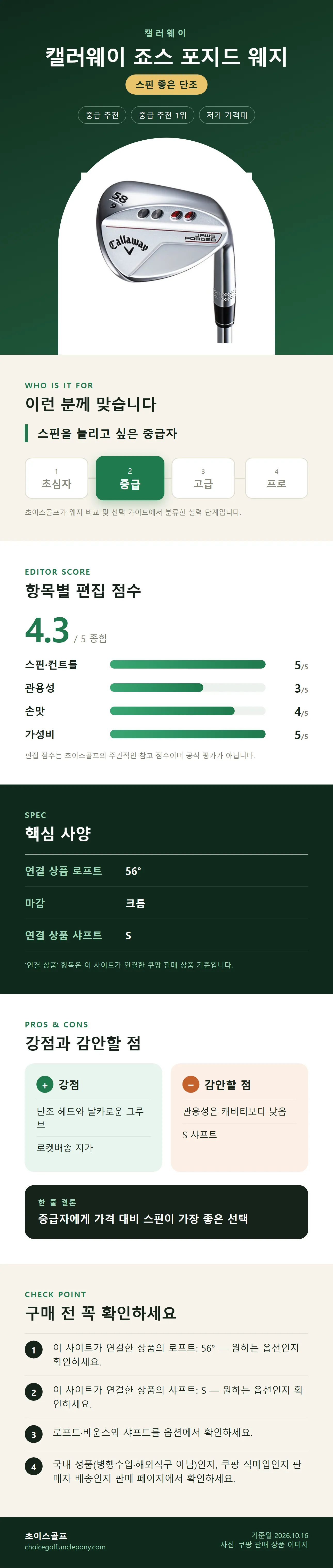 캘러웨이 죠스 포지드 웨지 상세 정보: 추천 대상, 항목별 편집 점수, 핵심 사양, 강점과 감안할 점, 구매 전 확인