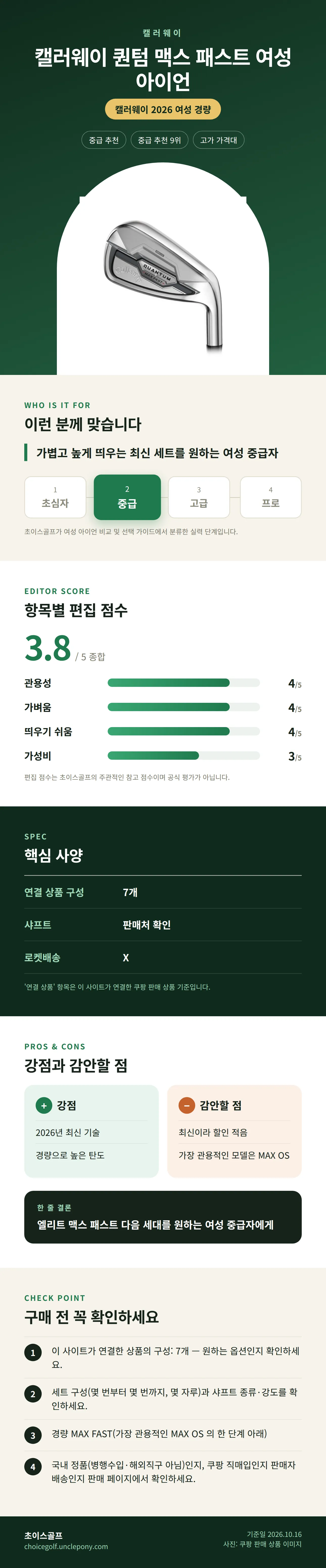 캘러웨이 퀀텀 맥스 패스트 여성 아이언 상세 정보: 추천 대상, 항목별 편집 점수, 핵심 사양, 강점과 감안할 점, 구매 전 확인
