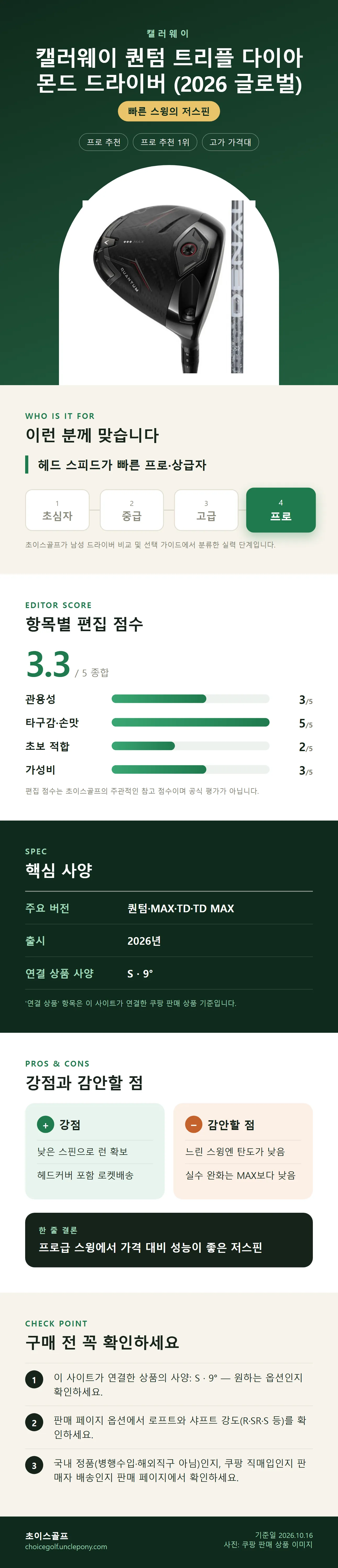 캘러웨이 퀀텀 트리플 다이아몬드 드라이버 (2026 글로벌) 상세 정보: 추천 대상, 항목별 편집 점수, 핵심 사양, 강점과 감안할 점, 구매 전 확인