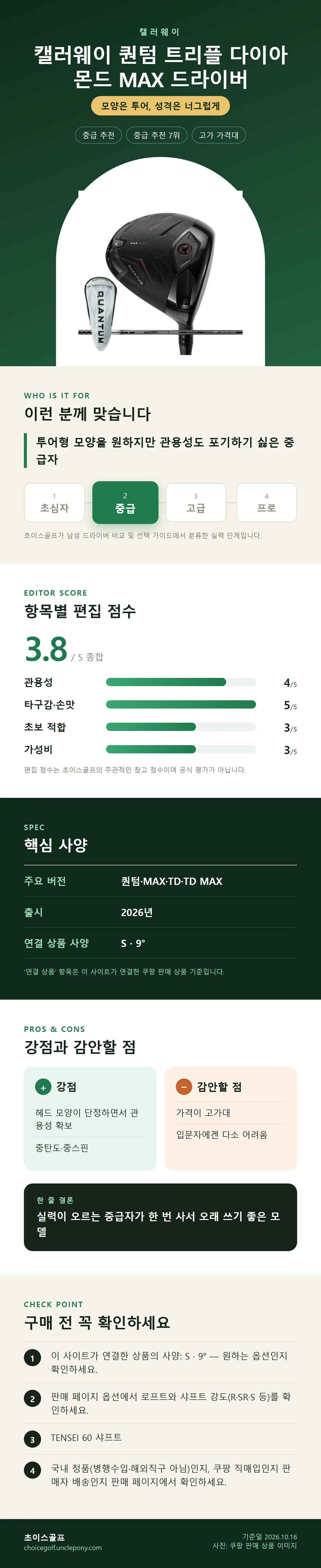 캘러웨이 퀀텀 트리플 다이아몬드 MAX 드라이버 상세 정보: 추천 대상, 항목별 편집 점수, 핵심 사양, 강점과 감안할 점, 구매 전 확인