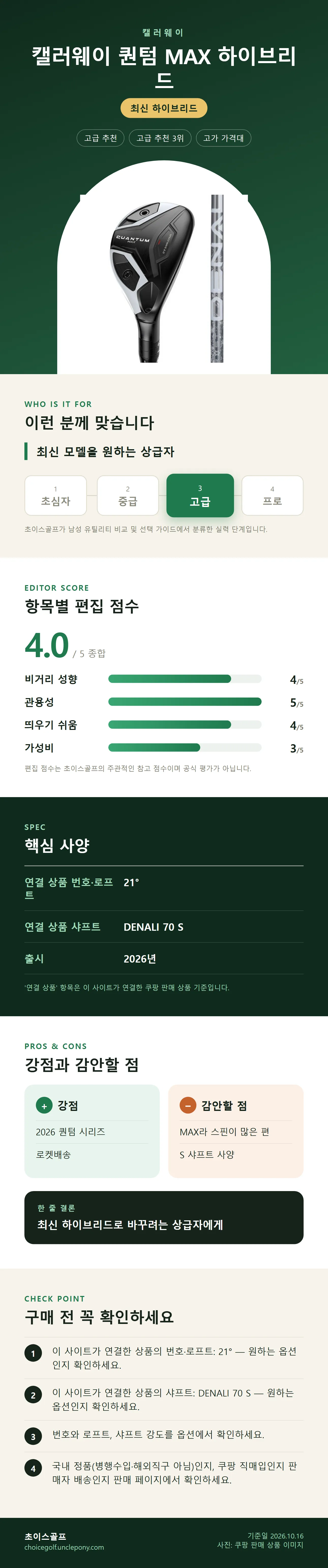 캘러웨이 퀀텀 MAX 하이브리드 상세 정보: 추천 대상, 항목별 편집 점수, 핵심 사양, 강점과 감안할 점, 구매 전 확인