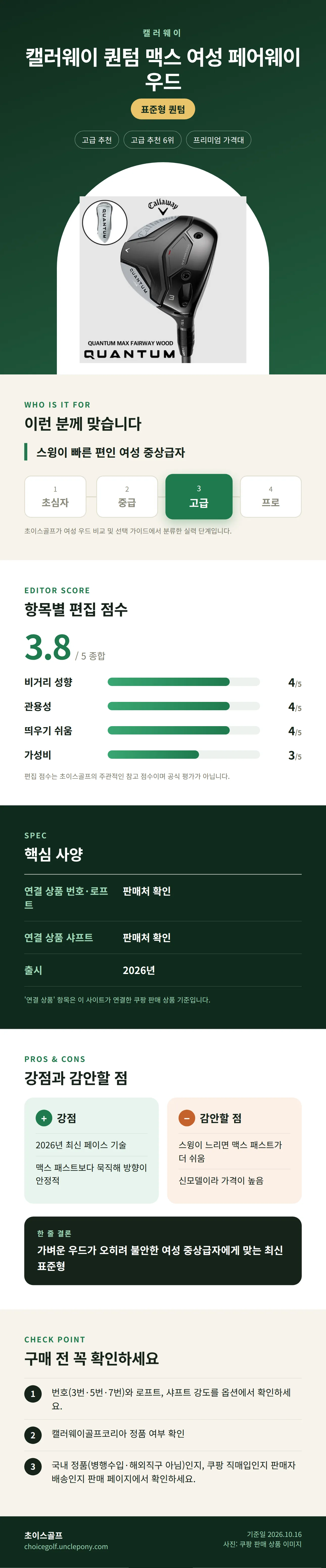 캘러웨이 퀀텀 맥스 여성 페어웨이 우드 상세 정보: 추천 대상, 항목별 편집 점수, 핵심 사양, 강점과 감안할 점, 구매 전 확인