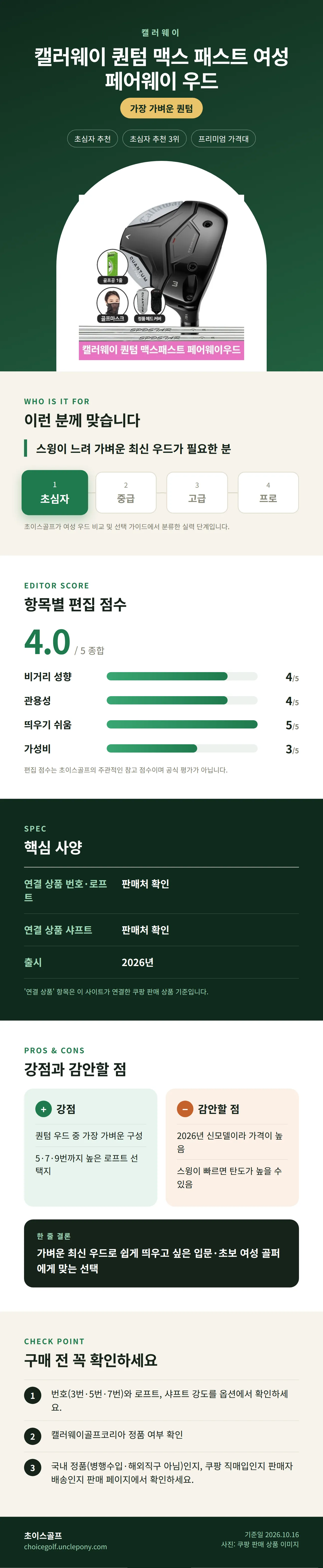 캘러웨이 퀀텀 맥스 패스트 여성 페어웨이 우드 상세 정보: 추천 대상, 항목별 편집 점수, 핵심 사양, 강점과 감안할 점, 구매 전 확인