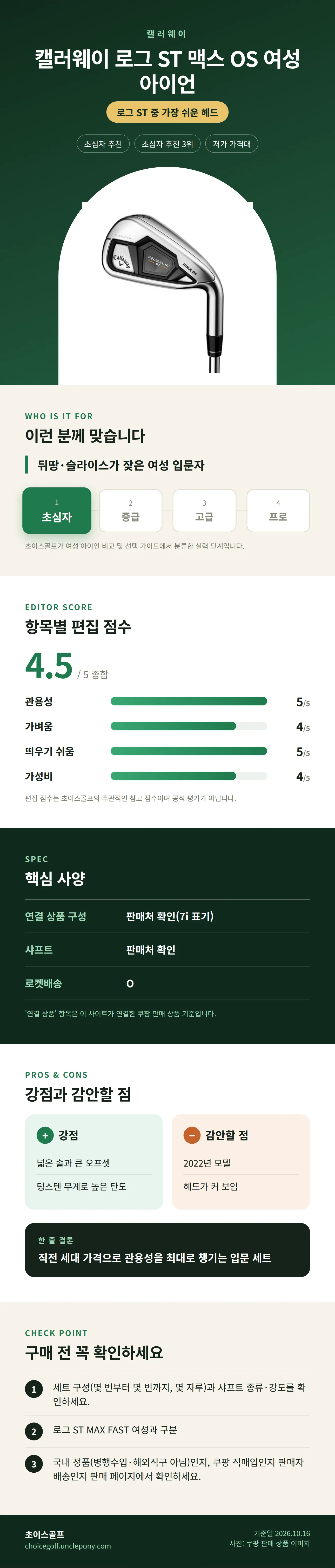 캘러웨이 로그 ST 맥스 OS 여성 아이언 상세 정보: 추천 대상, 항목별 편집 점수, 핵심 사양, 강점과 감안할 점, 구매 전 확인
