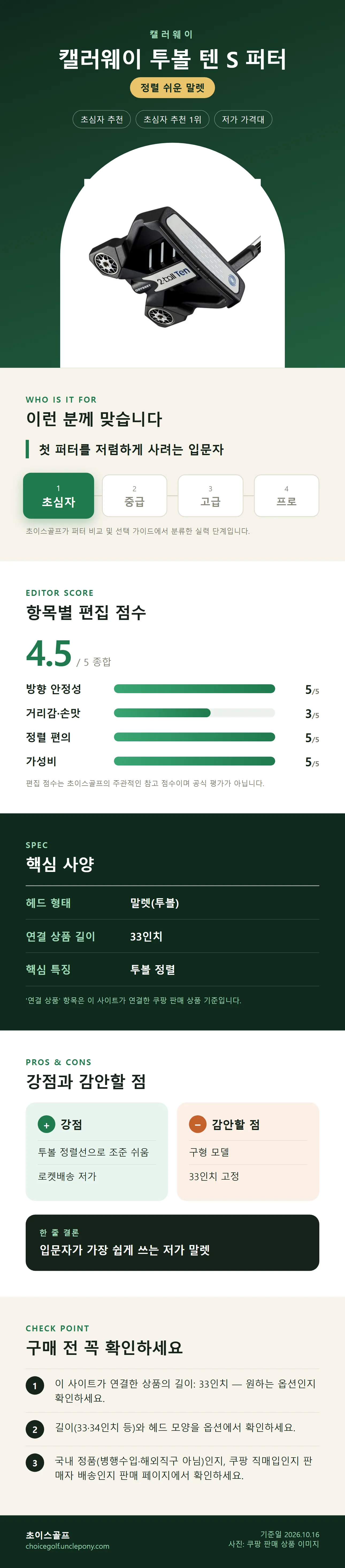 캘러웨이 투볼 텐 S 퍼터 상세 정보: 추천 대상, 항목별 편집 점수, 핵심 사양, 강점과 감안할 점, 구매 전 확인