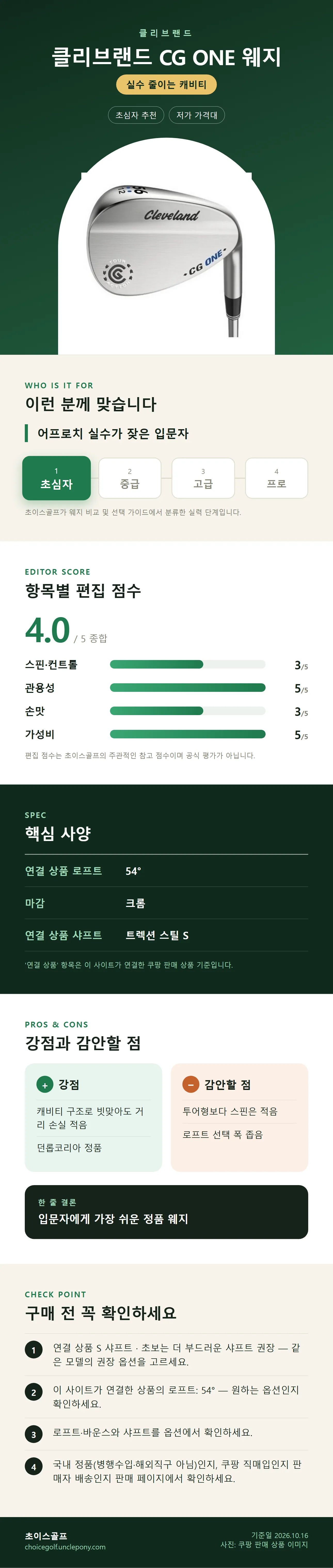 클리브랜드 CG ONE 웨지 상세 정보: 추천 대상, 항목별 편집 점수, 핵심 사양, 강점과 감안할 점, 구매 전 확인