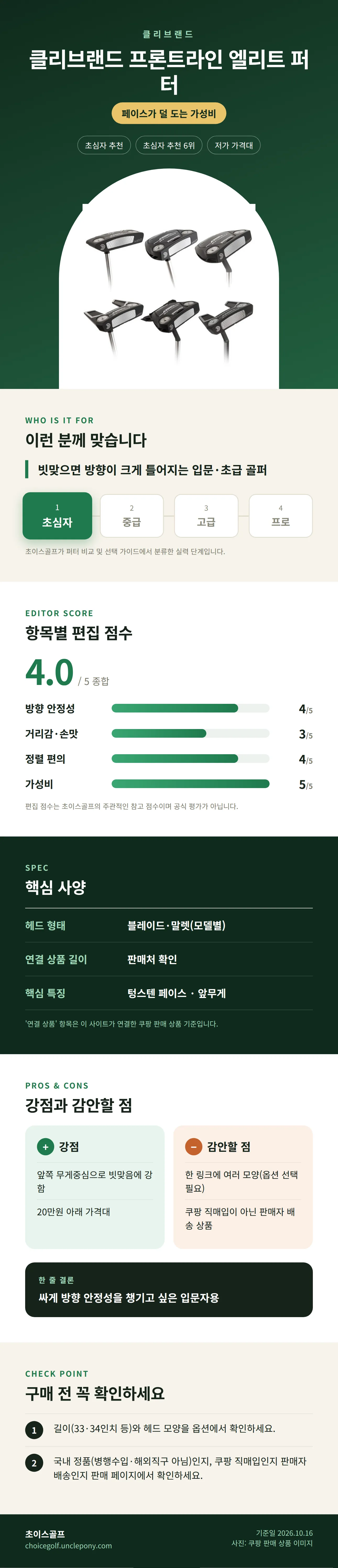 클리브랜드 프론트라인 엘리트 퍼터 상세 정보: 추천 대상, 항목별 편집 점수, 핵심 사양, 강점과 감안할 점, 구매 전 확인