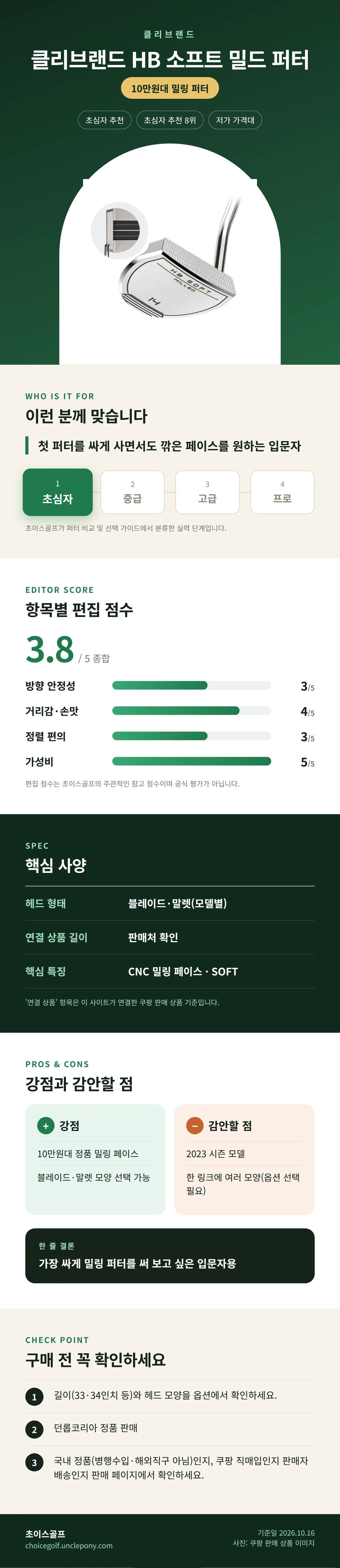 클리브랜드 HB 소프트 밀드 퍼터 상세 정보: 추천 대상, 항목별 편집 점수, 핵심 사양, 강점과 감안할 점, 구매 전 확인