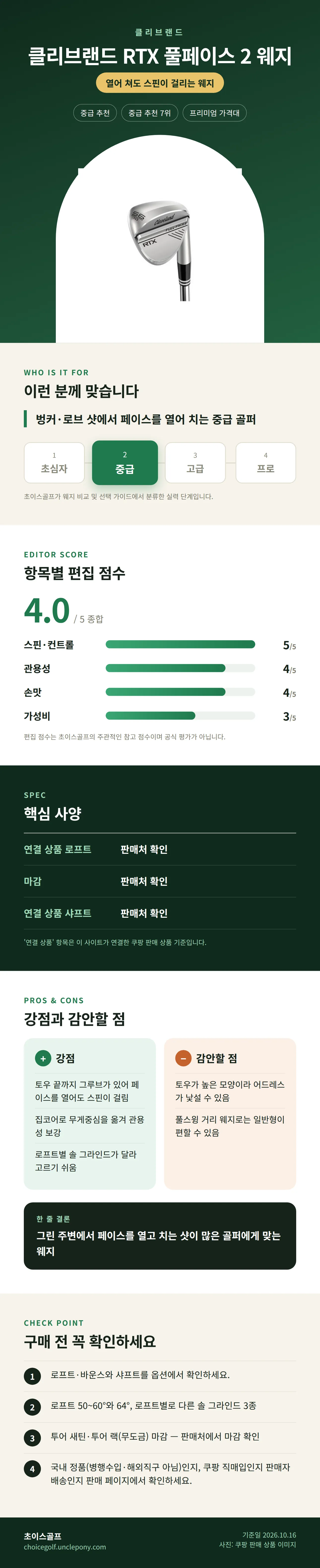 클리브랜드 RTX 풀페이스 2 웨지 상세 정보: 추천 대상, 항목별 편집 점수, 핵심 사양, 강점과 감안할 점, 구매 전 확인