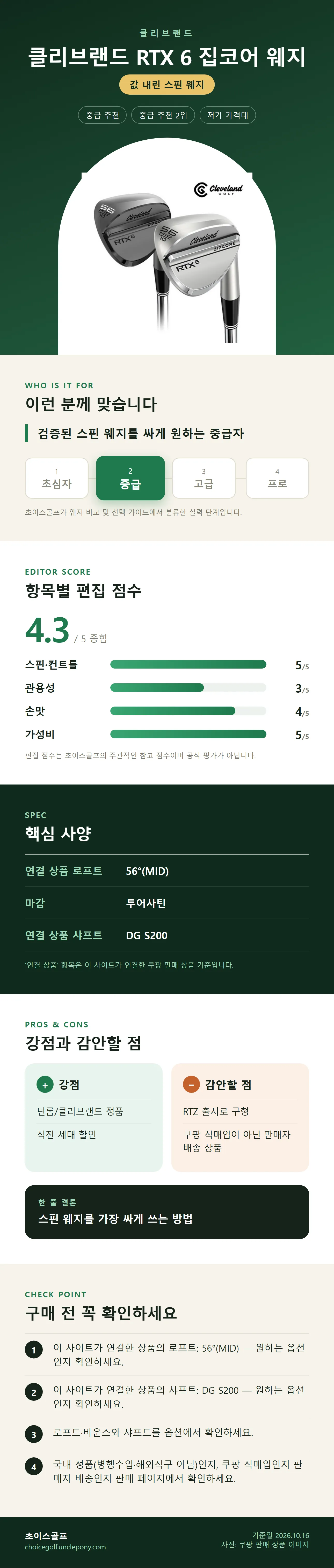 클리브랜드 RTX 6 집코어 웨지 상세 정보: 추천 대상, 항목별 편집 점수, 핵심 사양, 강점과 감안할 점, 구매 전 확인