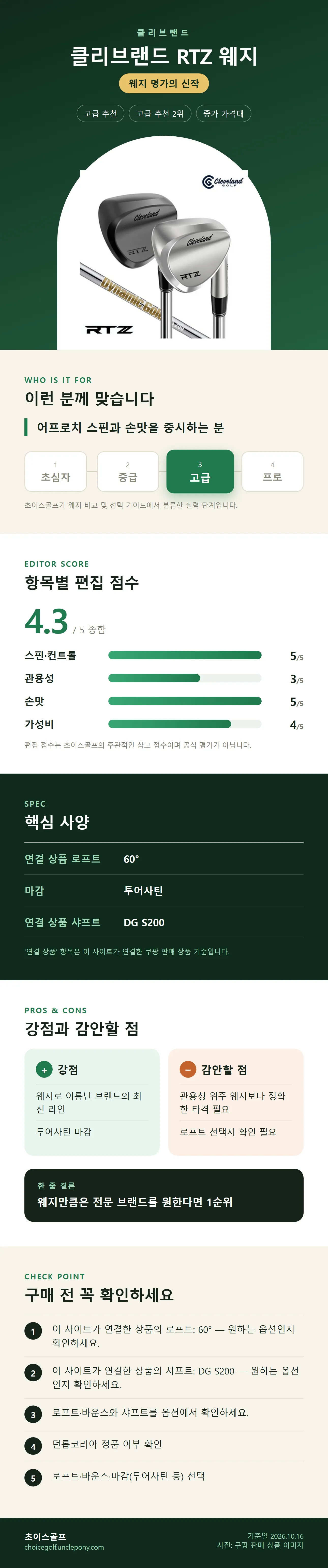 클리브랜드 RTZ 웨지 상세 정보: 추천 대상, 항목별 편집 점수, 핵심 사양, 강점과 감안할 점, 구매 전 확인