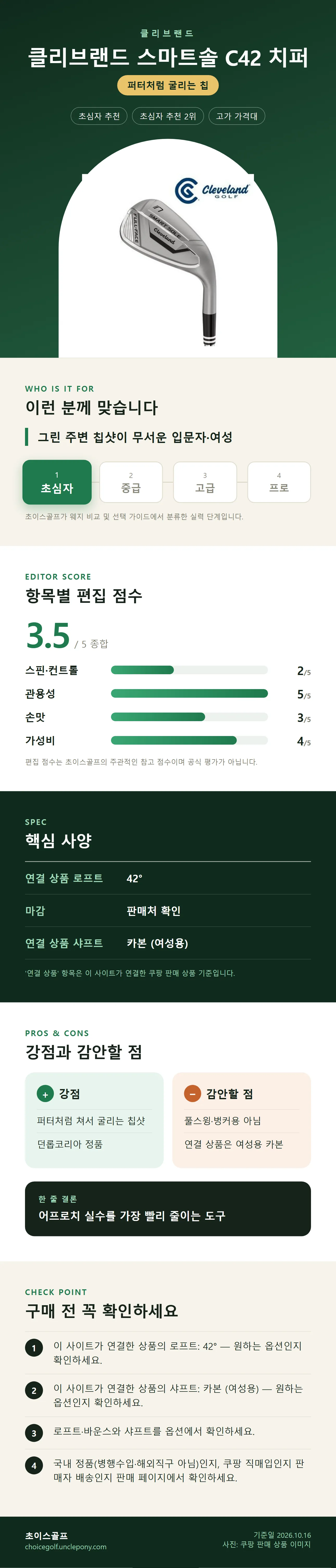 클리브랜드 스마트솔 C42 치퍼 상세 정보: 추천 대상, 항목별 편집 점수, 핵심 사양, 강점과 감안할 점, 구매 전 확인