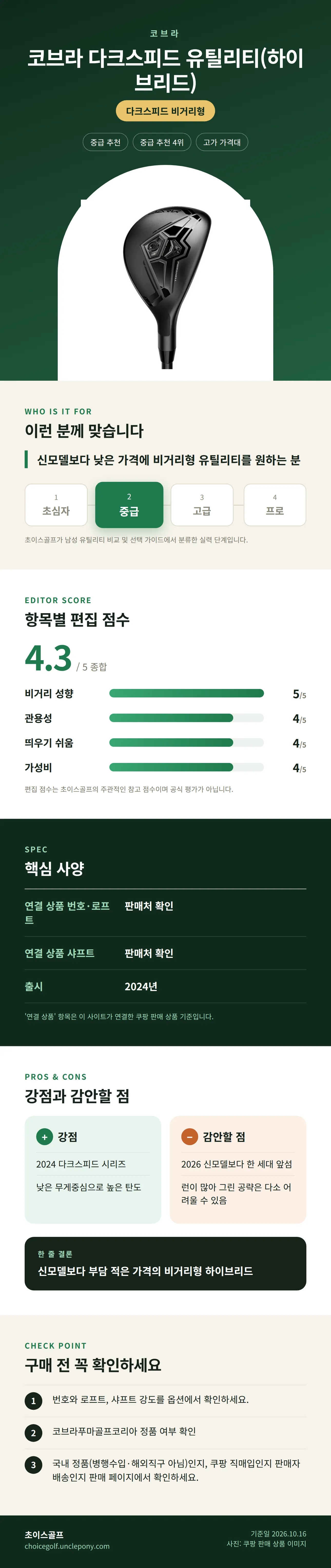 코브라 다크스피드 유틸리티(하이브리드) 상세 정보: 추천 대상, 항목별 편집 점수, 핵심 사양, 강점과 감안할 점, 구매 전 확인