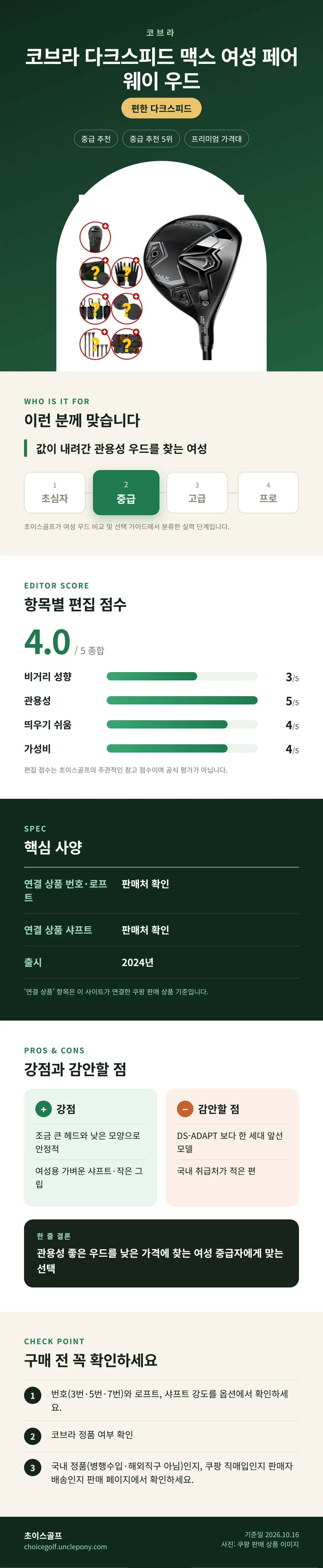 코브라 다크스피드 맥스 여성 페어웨이 우드 상세 정보: 추천 대상, 항목별 편집 점수, 핵심 사양, 강점과 감안할 점, 구매 전 확인