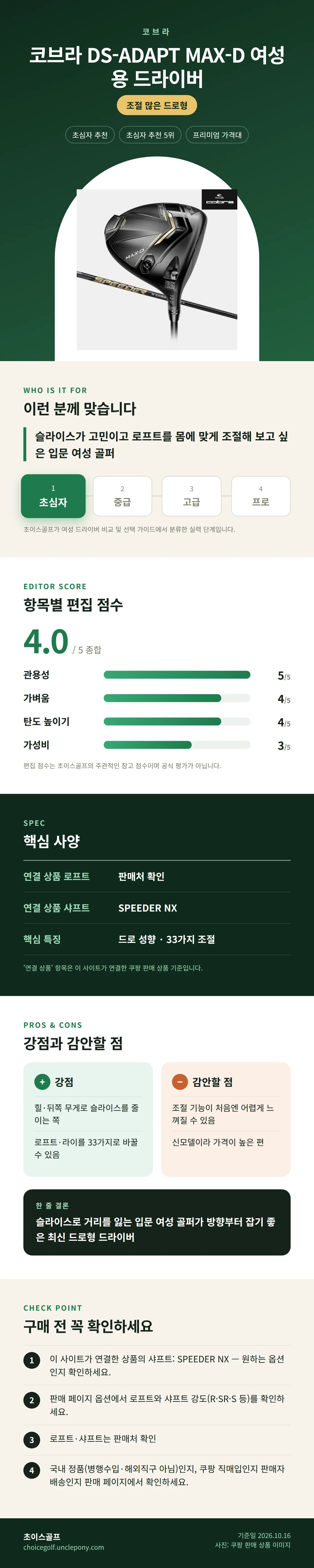 코브라 DS-ADAPT MAX-D 여성용 드라이버 상세 정보: 추천 대상, 항목별 편집 점수, 핵심 사양, 강점과 감안할 점, 구매 전 확인