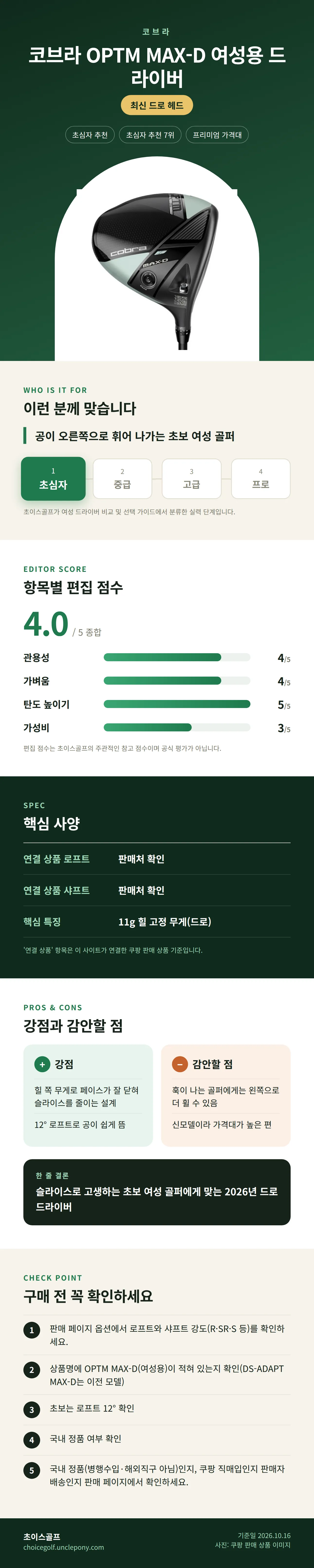 코브라 OPTM MAX-D 여성용 드라이버 상세 정보: 추천 대상, 항목별 편집 점수, 핵심 사양, 강점과 감안할 점, 구매 전 확인
