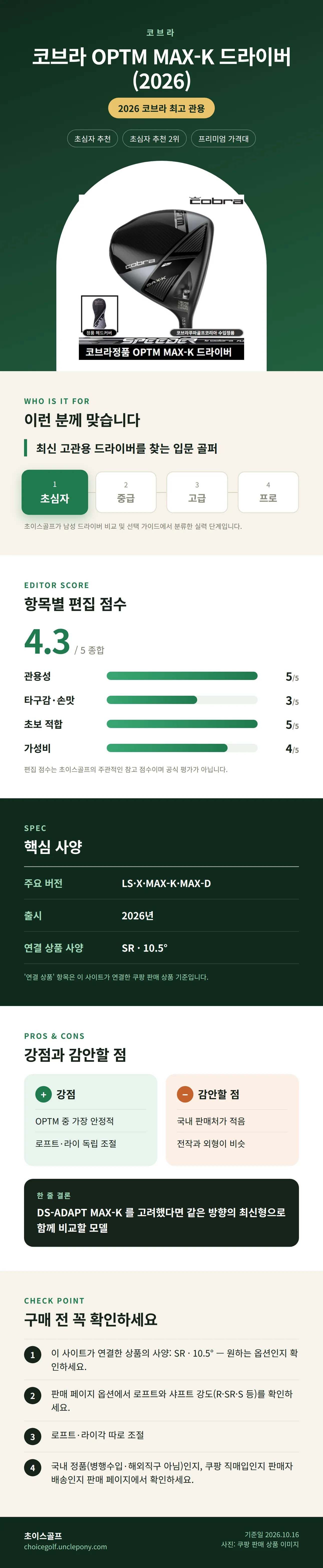 코브라 OPTM MAX-K 드라이버 (2026) 상세 정보: 추천 대상, 항목별 편집 점수, 핵심 사양, 강점과 감안할 점, 구매 전 확인