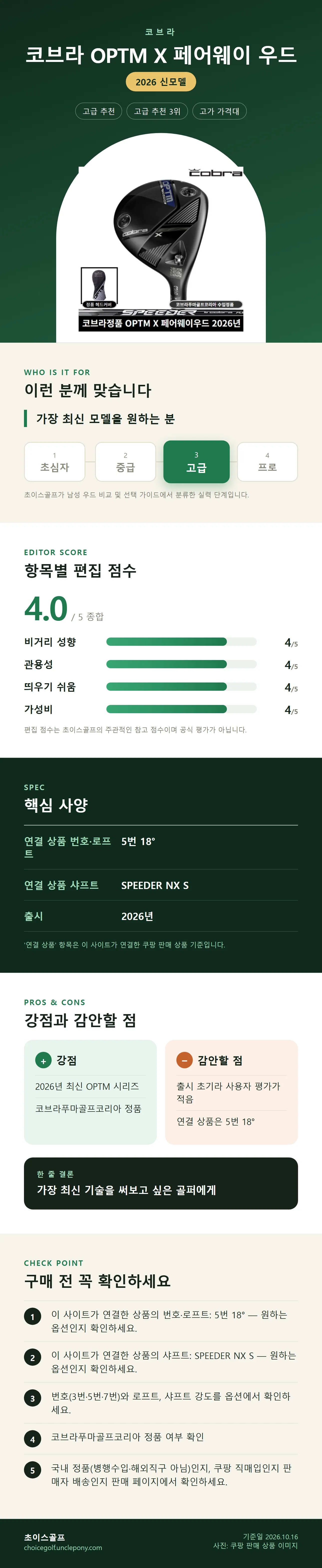코브라 OPTM X 페어웨이 우드 상세 정보: 추천 대상, 항목별 편집 점수, 핵심 사양, 강점과 감안할 점, 구매 전 확인