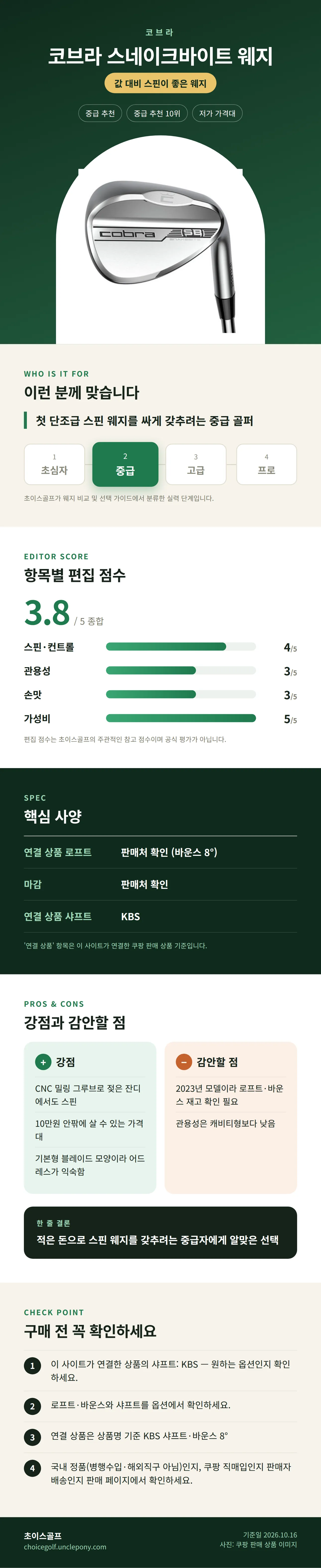 코브라 스네이크바이트 웨지 상세 정보: 추천 대상, 항목별 편집 점수, 핵심 사양, 강점과 감안할 점, 구매 전 확인