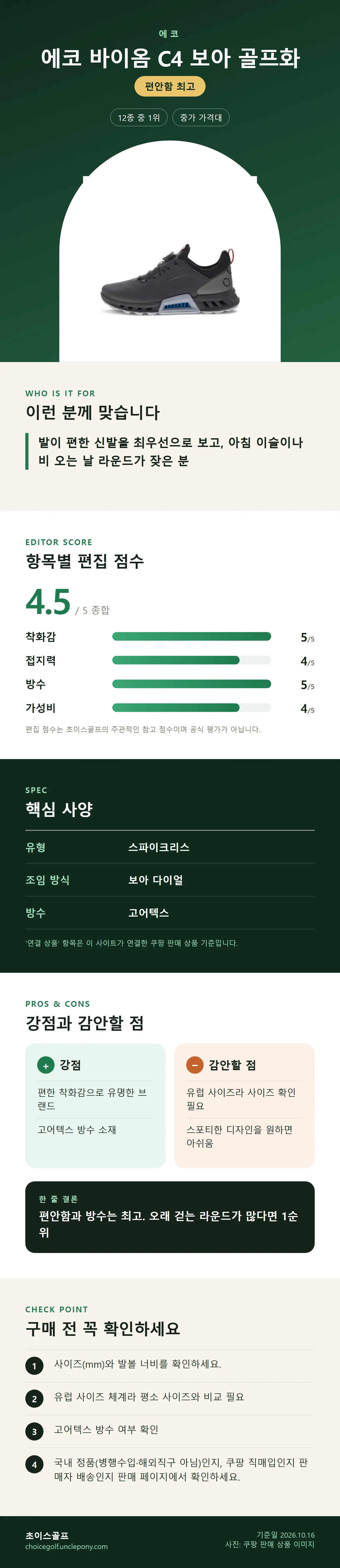 에코 바이옴 C4 보아 골프화 상세 정보: 추천 대상, 항목별 편집 점수, 핵심 사양, 강점과 감안할 점, 구매 전 확인