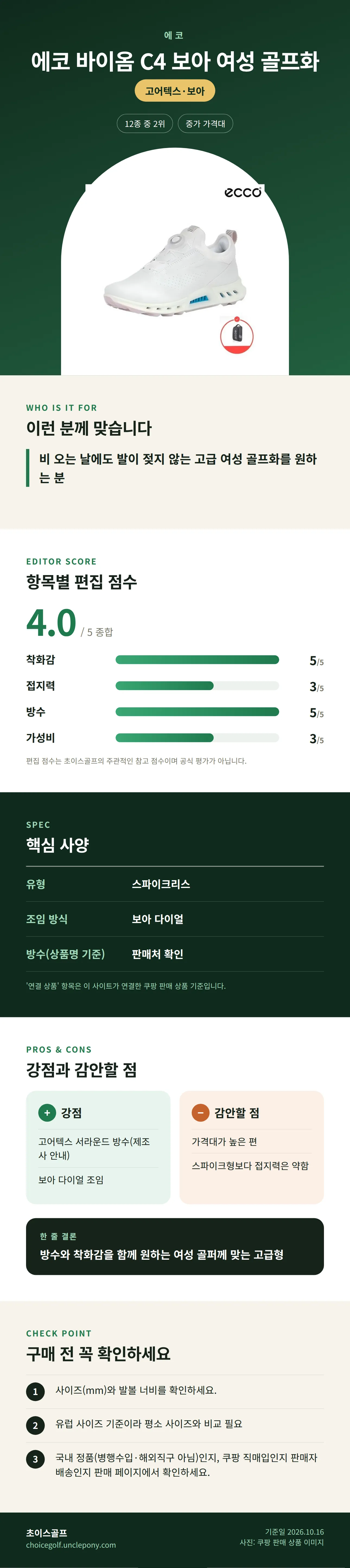 에코 바이옴 C4 보아 여성 골프화 상세 정보: 추천 대상, 항목별 편집 점수, 핵심 사양, 강점과 감안할 점, 구매 전 확인