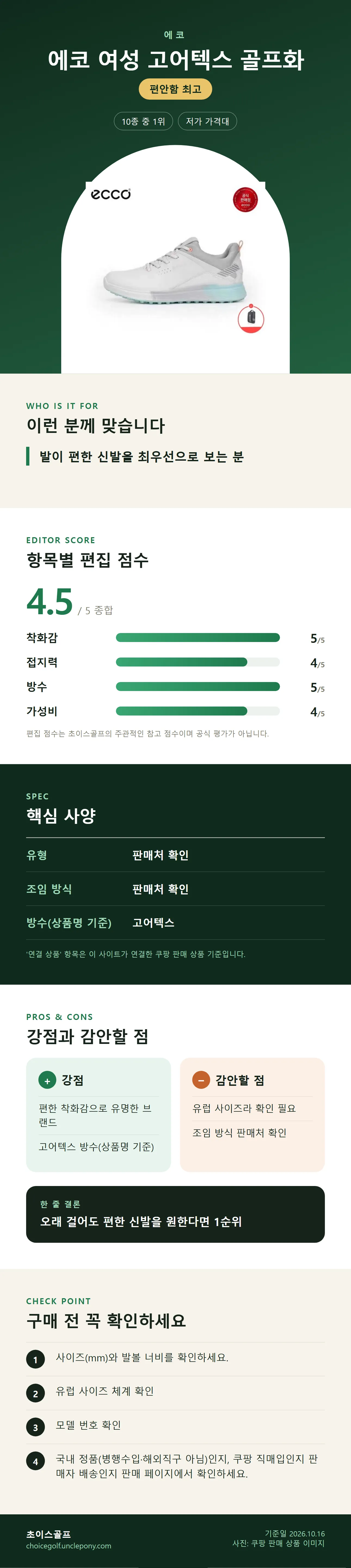 에코 여성 고어텍스 골프화 상세 정보: 추천 대상, 항목별 편집 점수, 핵심 사양, 강점과 감안할 점, 구매 전 확인