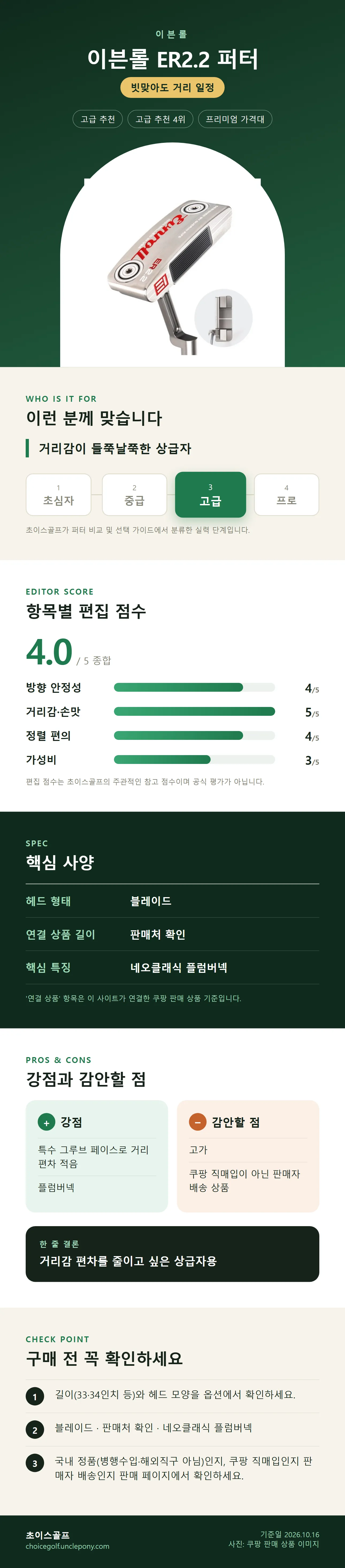 이븐롤 ER2.2 퍼터 상세 정보: 추천 대상, 항목별 편집 점수, 핵심 사양, 강점과 감안할 점, 구매 전 확인