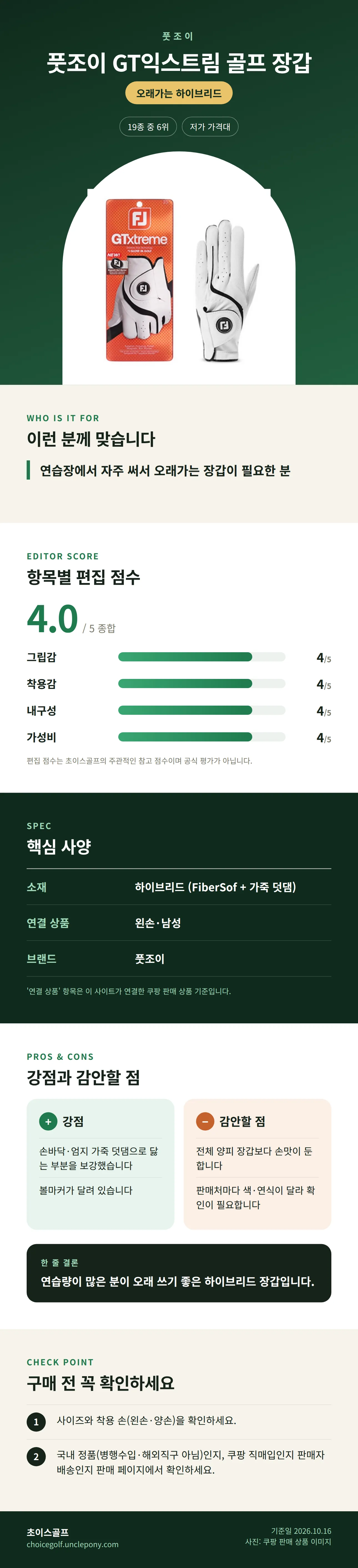 풋조이 GT익스트림 골프 장갑 상세 정보: 추천 대상, 항목별 편집 점수, 핵심 사양, 강점과 감안할 점, 구매 전 확인