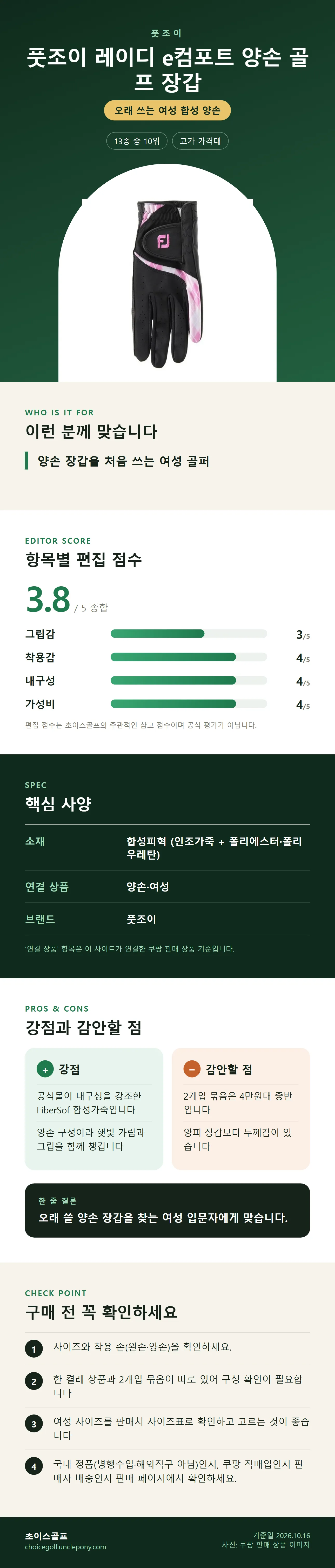 풋조이 레이디 e컴포트 양손 골프 장갑 상세 정보: 추천 대상, 항목별 편집 점수, 핵심 사양, 강점과 감안할 점, 구매 전 확인