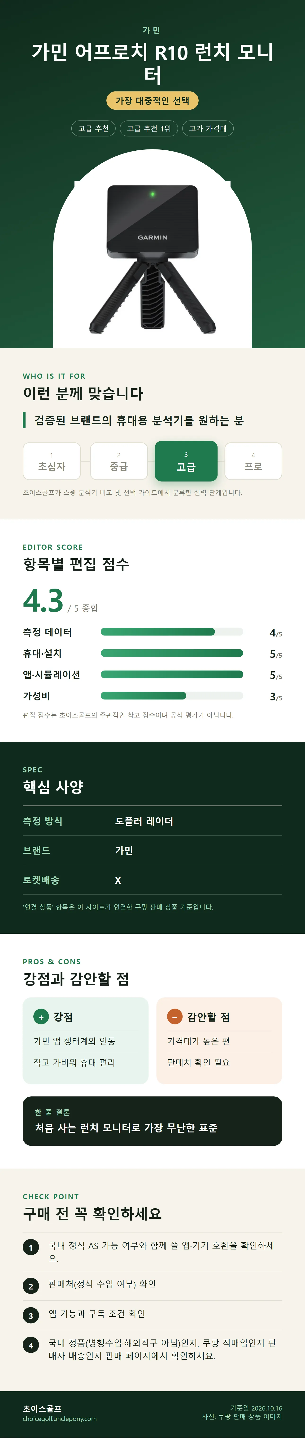 가민 어프로치 R10 런치 모니터 상세 정보: 추천 대상, 항목별 편집 점수, 핵심 사양, 강점과 감안할 점, 구매 전 확인