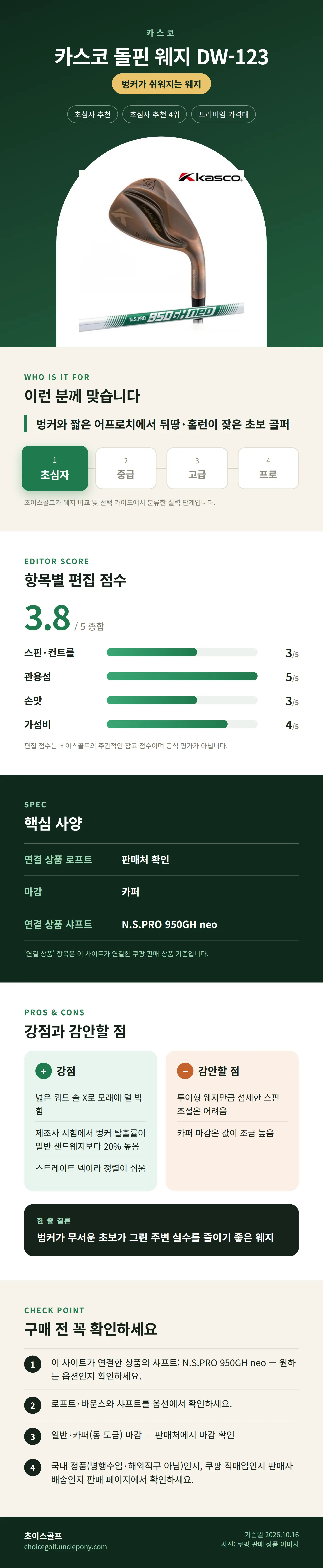 카스코 돌핀 웨지 DW-123 상세 정보: 추천 대상, 항목별 편집 점수, 핵심 사양, 강점과 감안할 점, 구매 전 확인