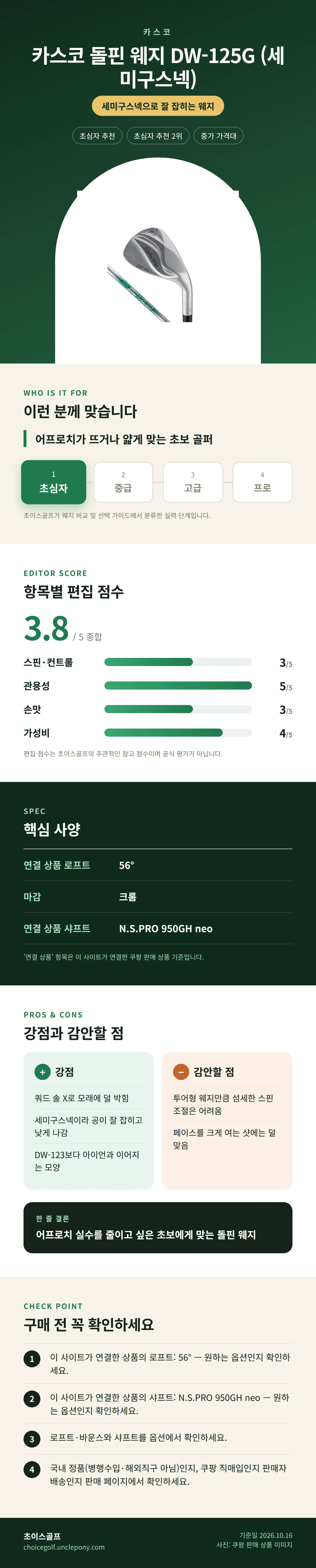 카스코 돌핀 웨지 DW-125G (세미구스넥) 상세 정보: 추천 대상, 항목별 편집 점수, 핵심 사양, 강점과 감안할 점, 구매 전 확인