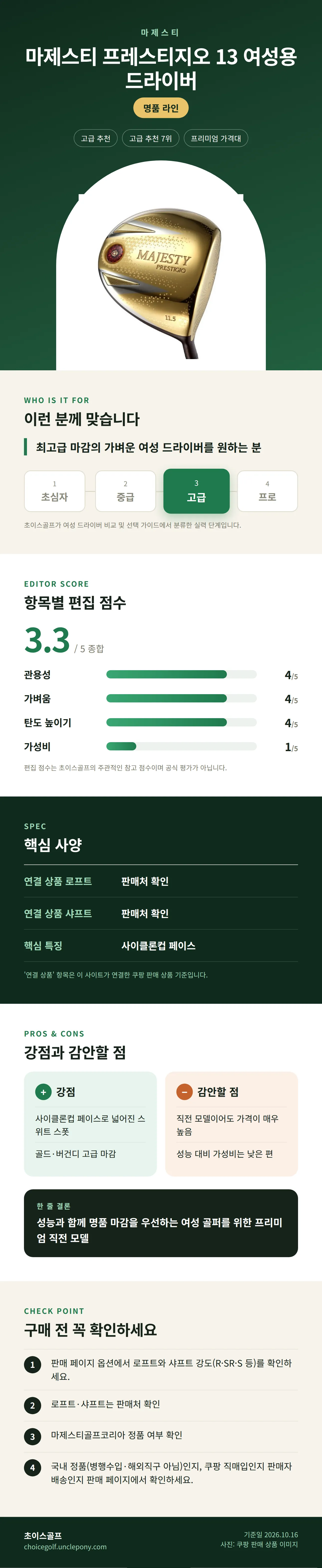 마제스티 프레스티지오 13 여성용 드라이버 상세 정보: 추천 대상, 항목별 편집 점수, 핵심 사양, 강점과 감안할 점, 구매 전 확인