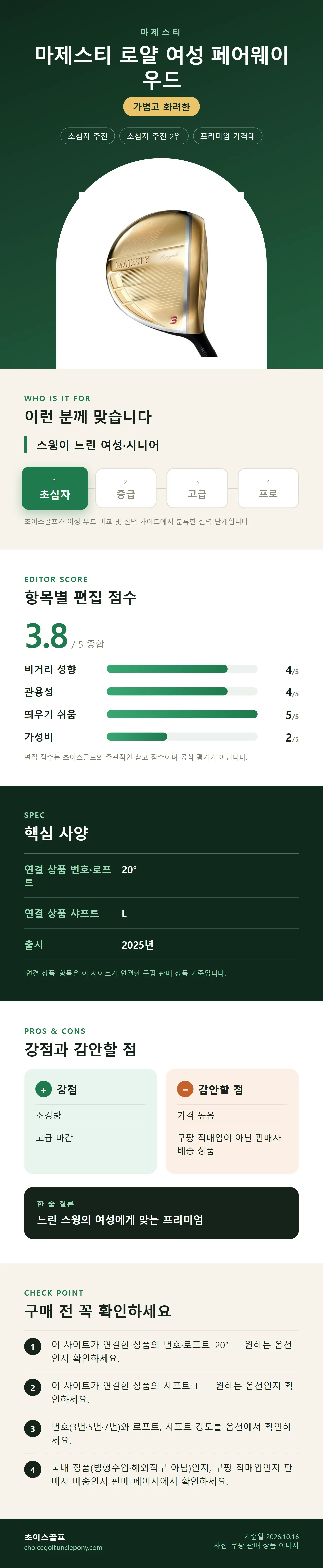 마제스티 로얄 여성 페어웨이 우드 상세 정보: 추천 대상, 항목별 편집 점수, 핵심 사양, 강점과 감안할 점, 구매 전 확인