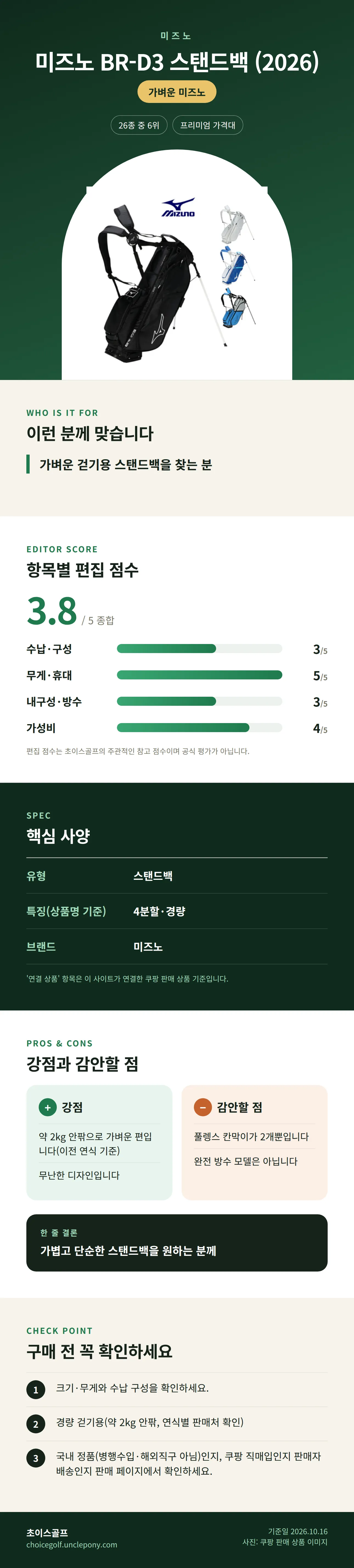 미즈노 BR-D3 스탠드백 (2026) 상세 정보: 추천 대상, 항목별 편집 점수, 핵심 사양, 강점과 감안할 점, 구매 전 확인