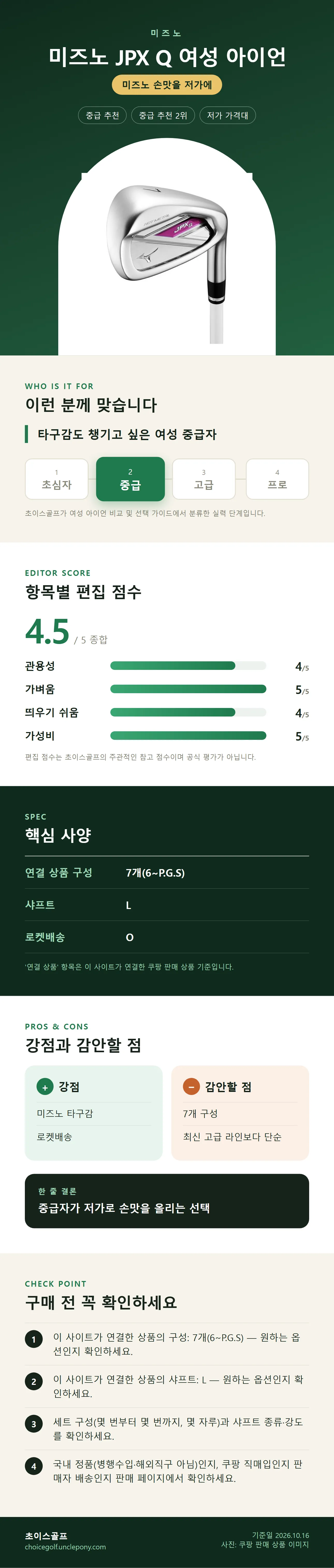 미즈노 JPX Q 여성 아이언 상세 정보: 추천 대상, 항목별 편집 점수, 핵심 사양, 강점과 감안할 점, 구매 전 확인