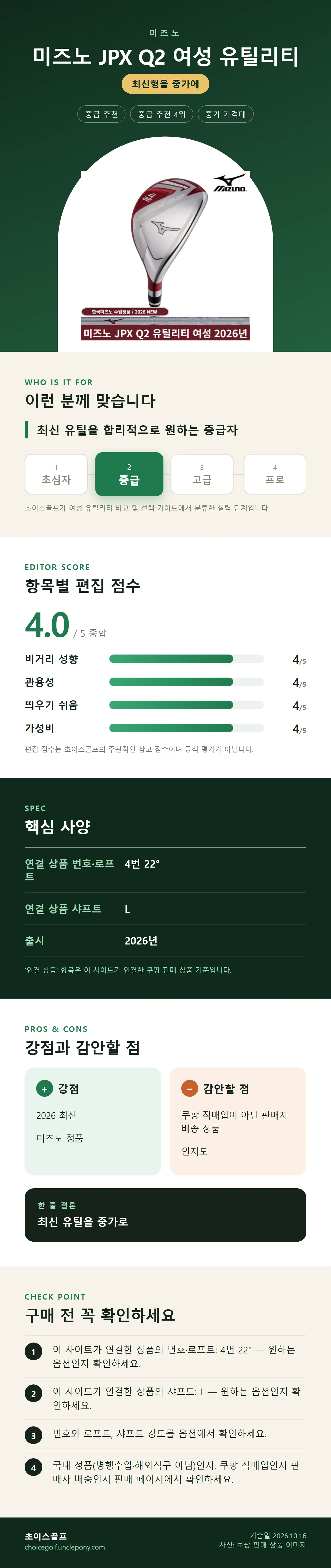 미즈노 JPX Q2 여성 유틸리티 상세 정보: 추천 대상, 항목별 편집 점수, 핵심 사양, 강점과 감안할 점, 구매 전 확인