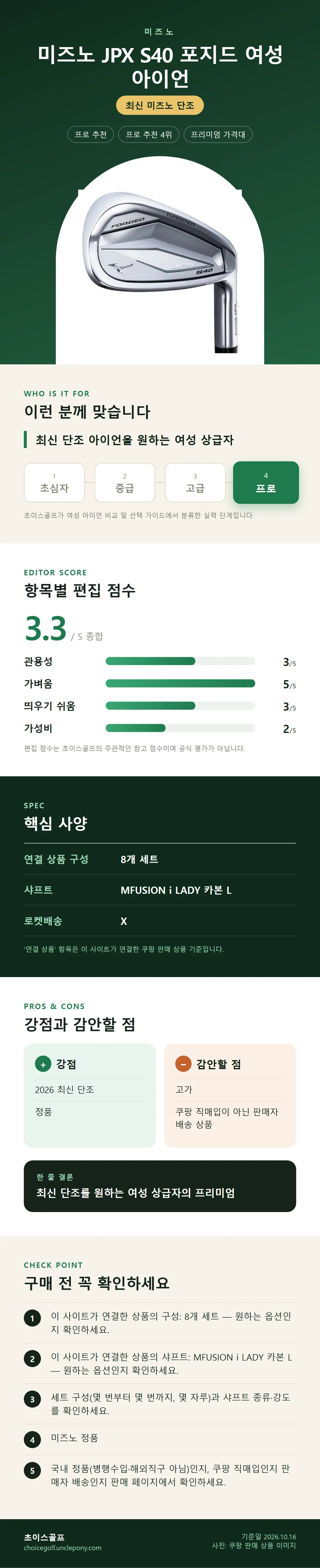 미즈노 JPX S40 포지드 여성 아이언 상세 정보: 추천 대상, 항목별 편집 점수, 핵심 사양, 강점과 감안할 점, 구매 전 확인