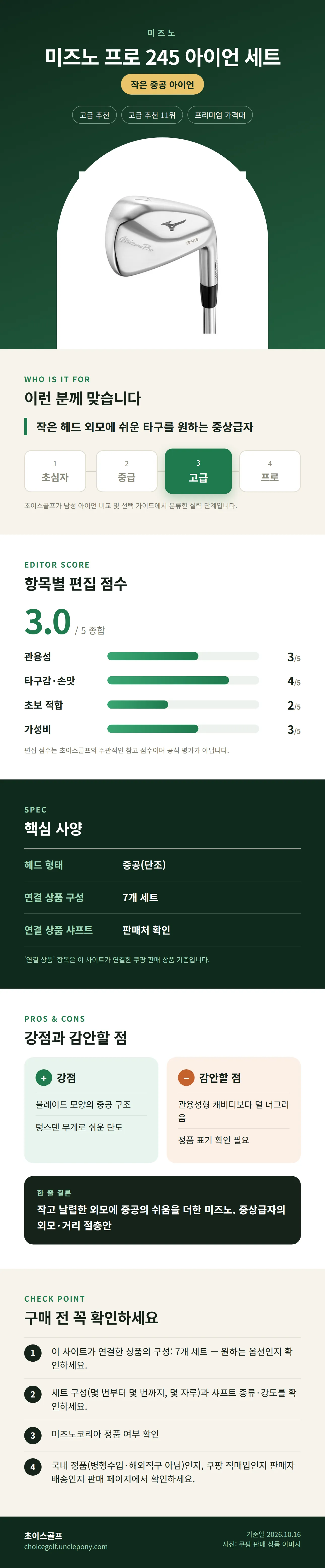 미즈노 프로 245 아이언 세트 상세 정보: 추천 대상, 항목별 편집 점수, 핵심 사양, 강점과 감안할 점, 구매 전 확인