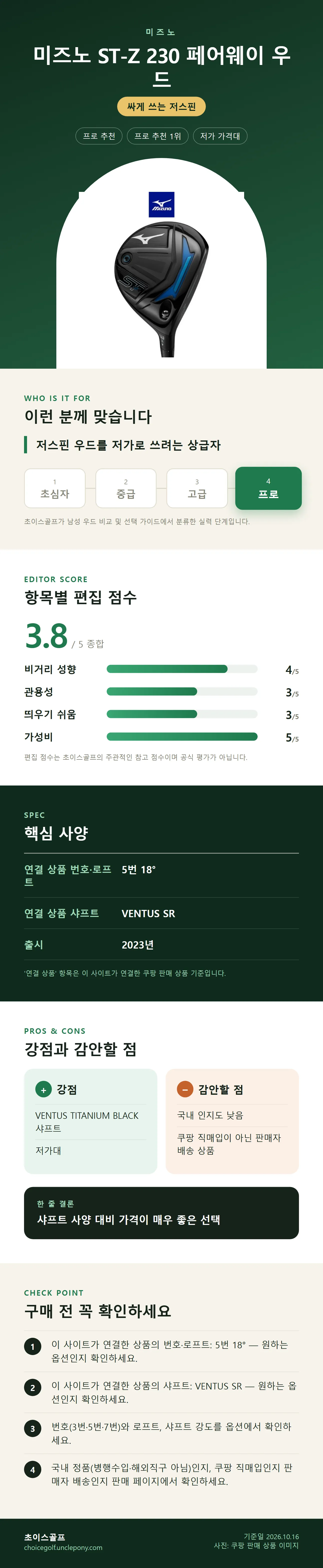 미즈노 ST-Z 230 페어웨이 우드 상세 정보: 추천 대상, 항목별 편집 점수, 핵심 사양, 강점과 감안할 점, 구매 전 확인