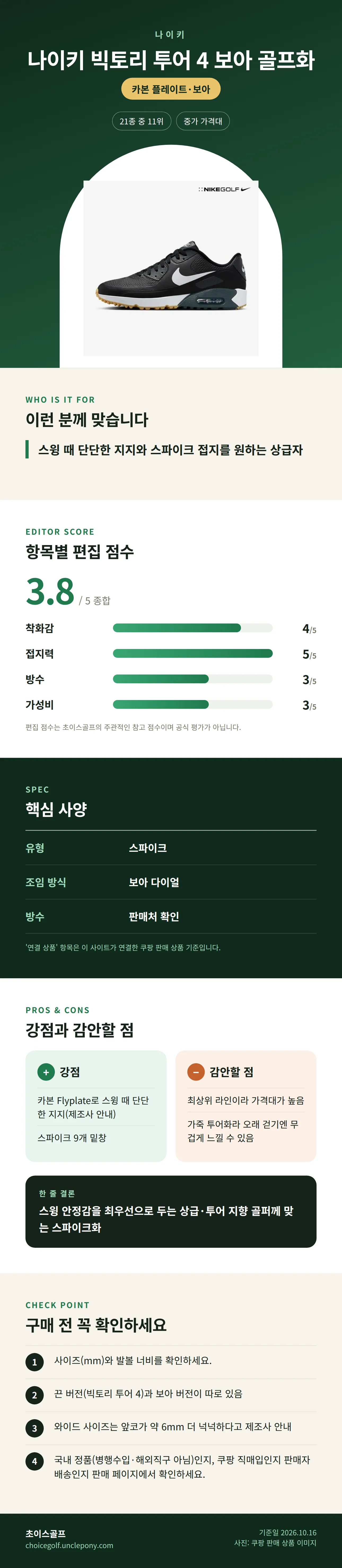 나이키 빅토리 투어 4 보아 골프화 상세 정보: 추천 대상, 항목별 편집 점수, 핵심 사양, 강점과 감안할 점, 구매 전 확인