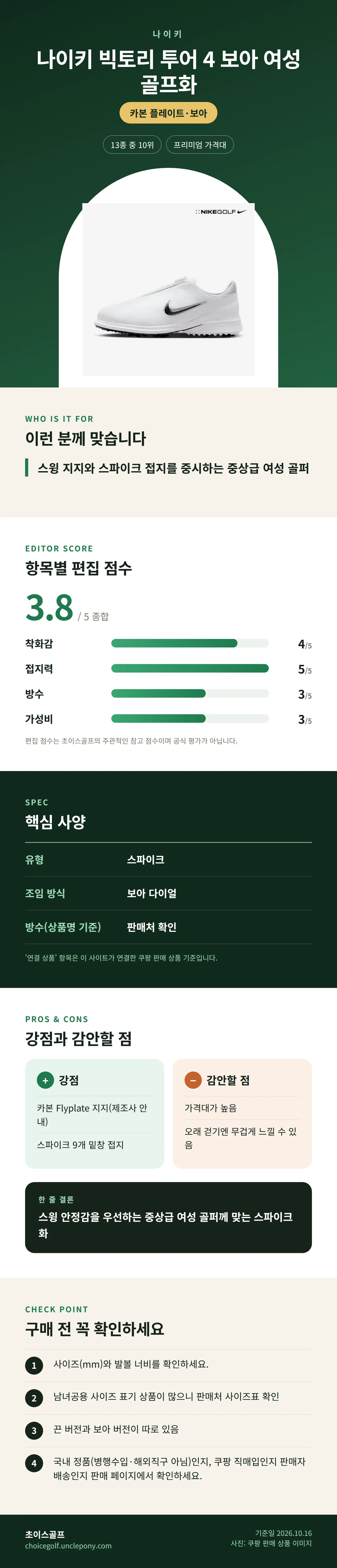 나이키 빅토리 투어 4 보아 여성 골프화 상세 정보: 추천 대상, 항목별 편집 점수, 핵심 사양, 강점과 감안할 점, 구매 전 확인